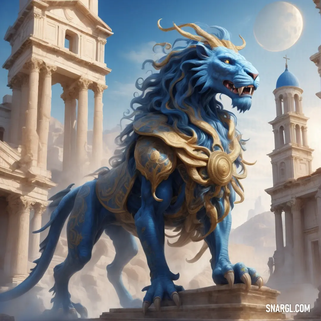 Blue lion statue in front of a castle with a clock tower in the background. Color RGB 72,154,197.