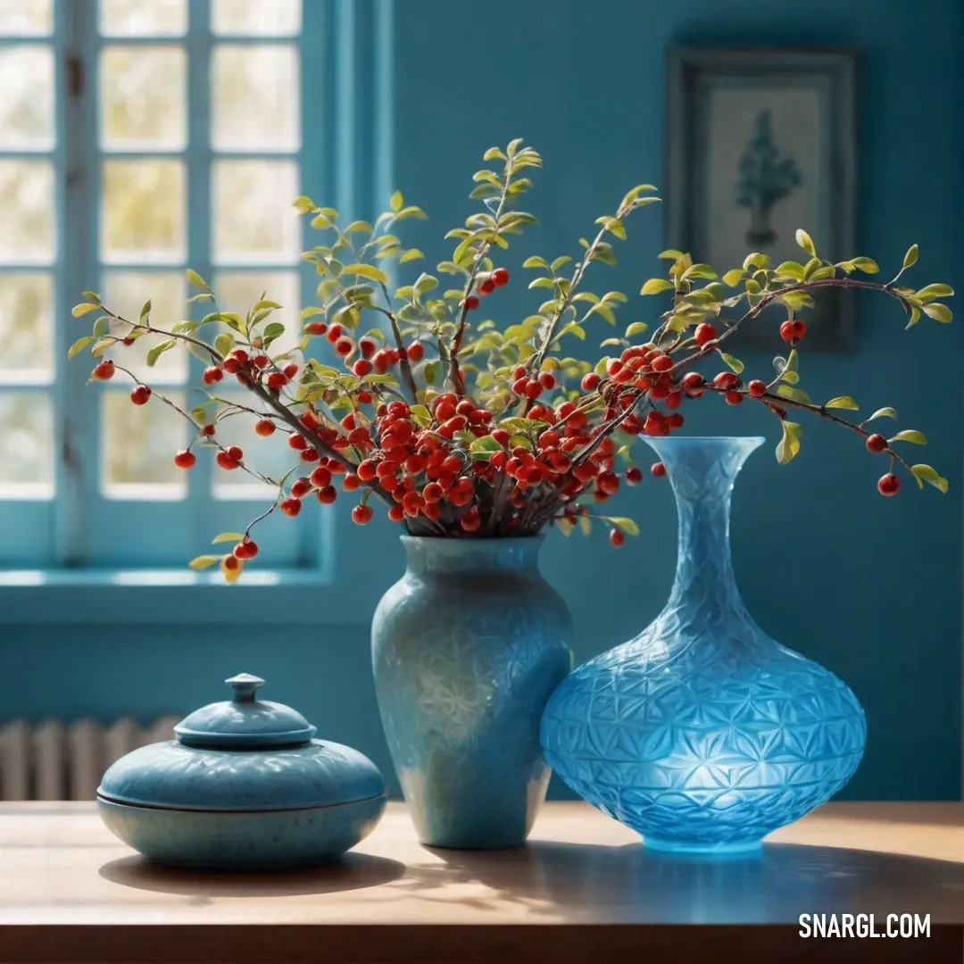 PANTONE 7689 color. Blue vase with red berries and a blue container with a plant in it on a table in front of a window