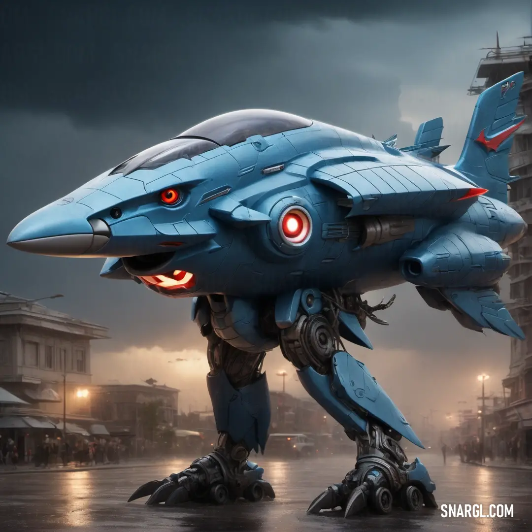 Futuristic looking blue creature with red eyes and a large head on it's back legs. Color RGB 72,154,197.