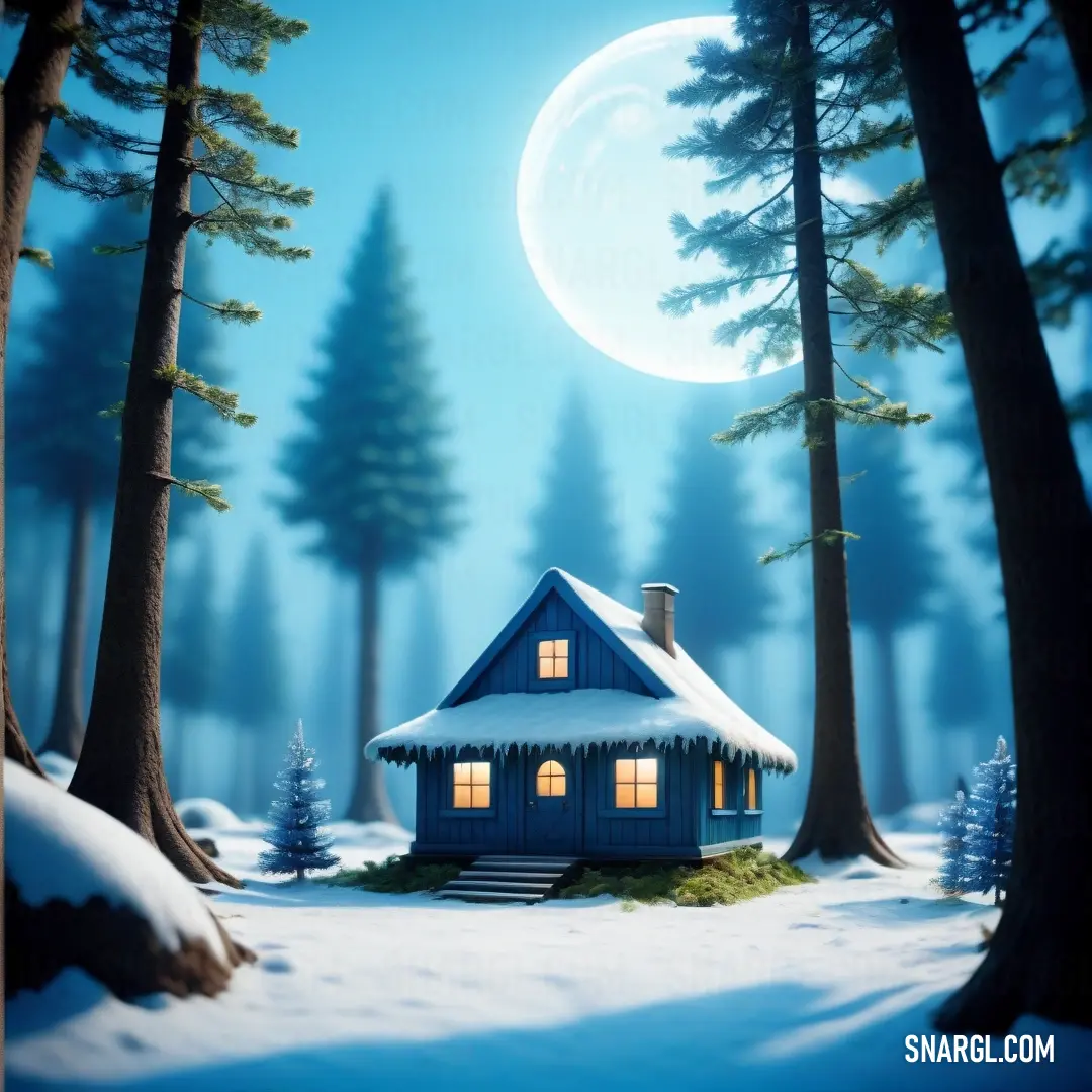 Small house in the middle of a snowy forest with a full moon in the background. Color CMYK 77,25,6,0.