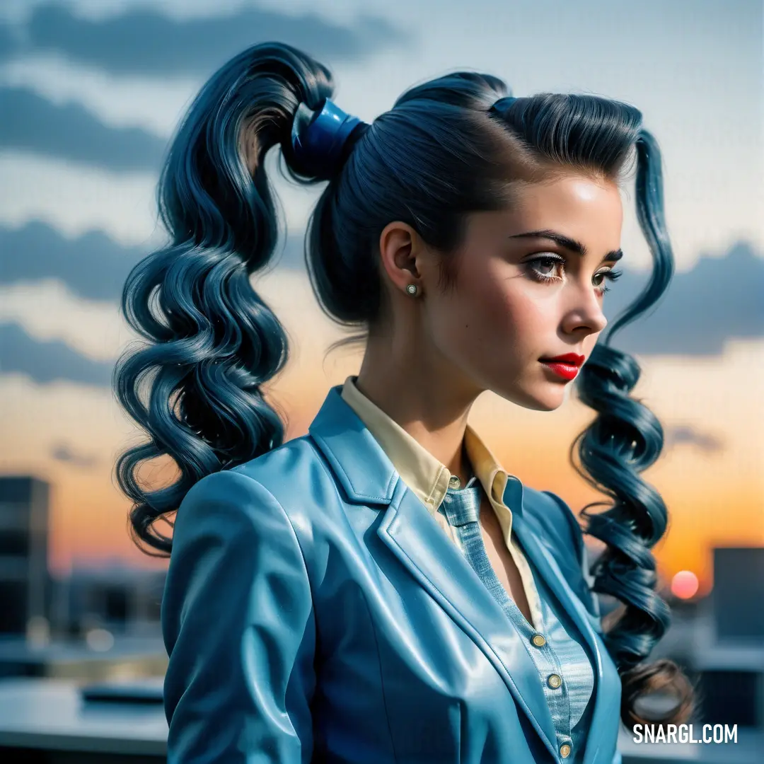 Woman with long hair in a ponytail and a blue jacket on a rooftop at sunset with a city in the background. Example of CMYK 77,25,6,0 color.