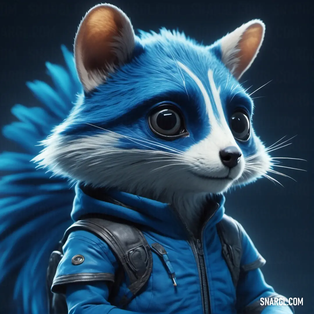 Blue and white animal wearing a leather jacket and a leather jacket with a hoodie on it's head. Example of PANTONE 7690 color.