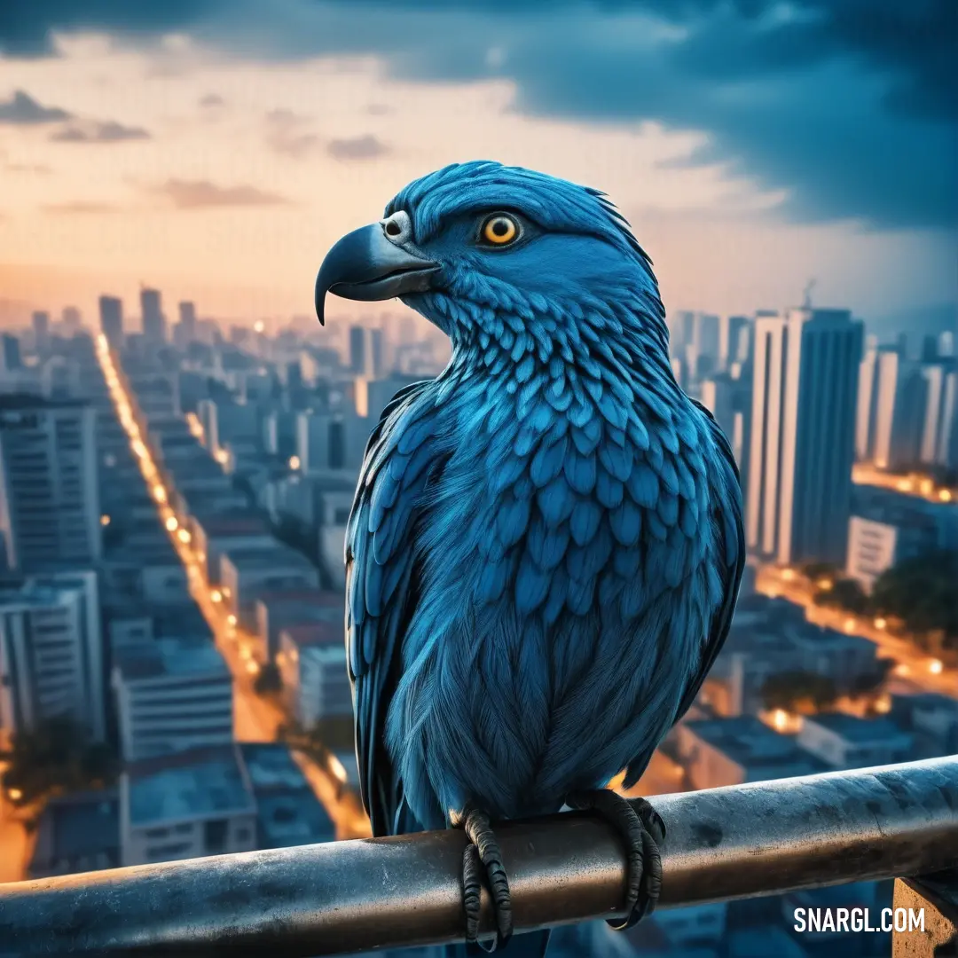 Blue bird on a railing in front of a cityscape at night time. Example of PANTONE 7690 color.