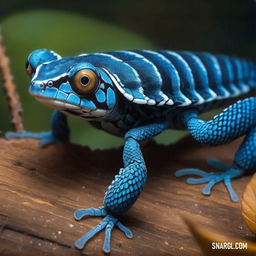 PANTONE 7691 color. Blue and white lizard on a wooden branch with a green background