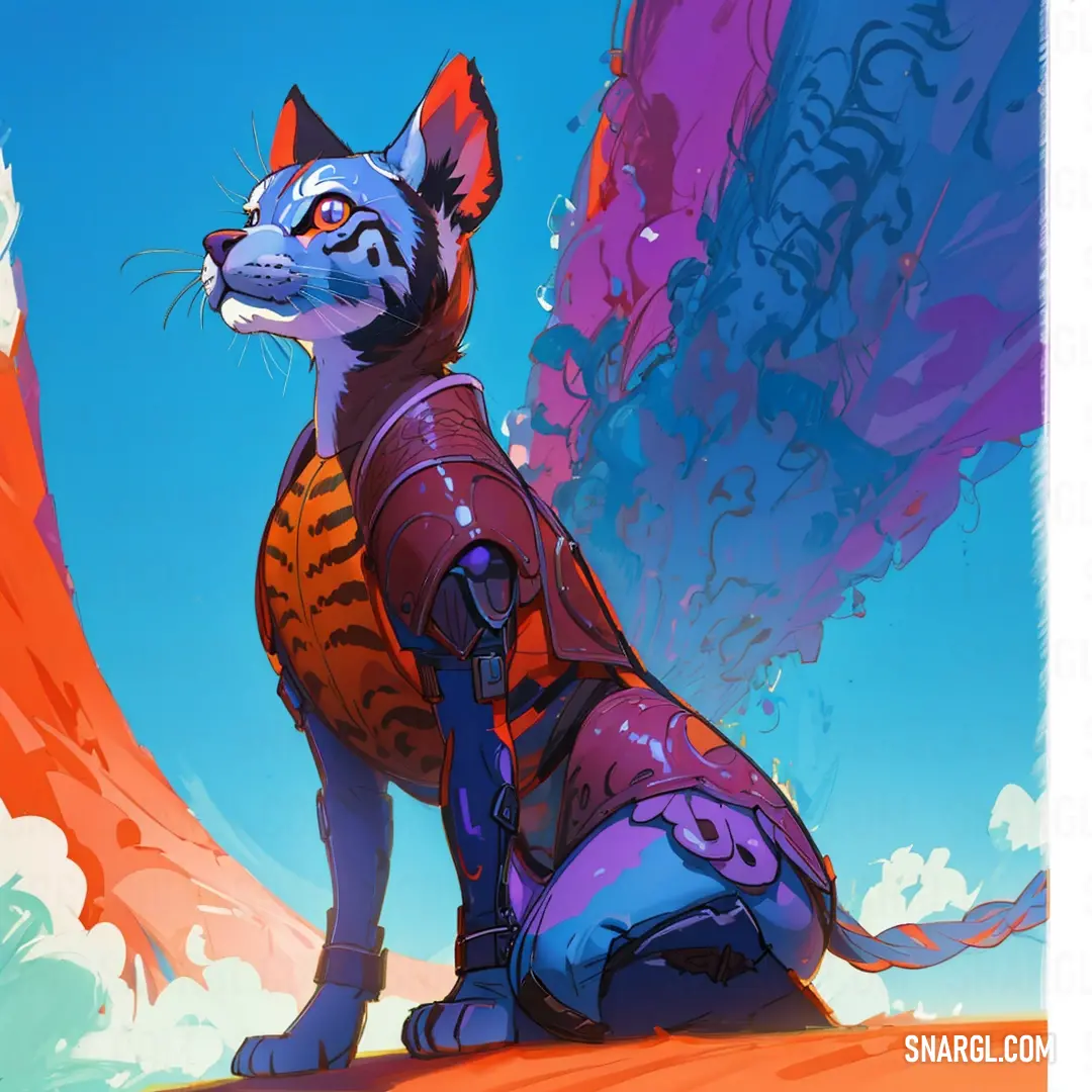 Cat with a futuristic suit on on a hill with a sky background. Color #005B8D.