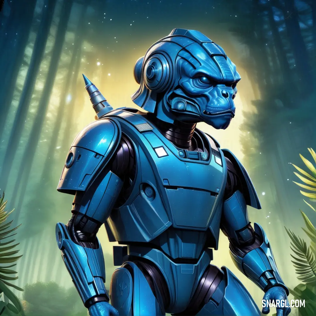 Robot in a forest with a light blue suit and a helmet on, with a green background. Example of RGB 0,91,141 color.