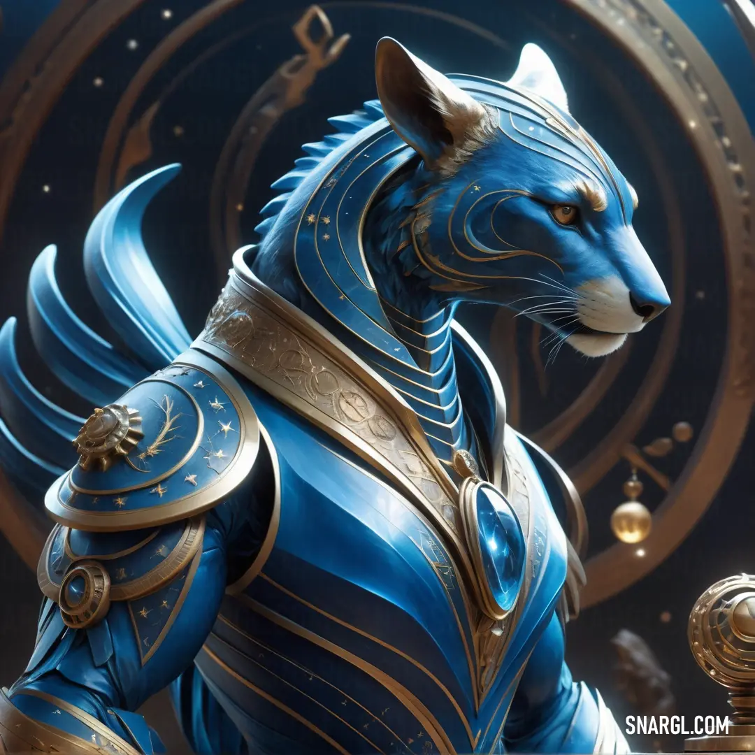 Blue cat in a blue armor with gold accents and a golden collar and tail. Example of PANTONE 7693 color.