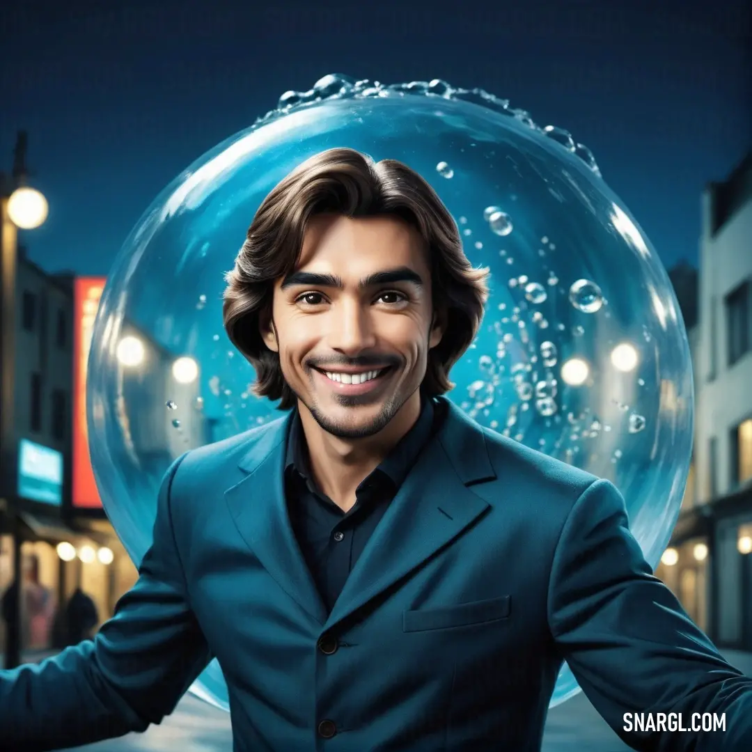 Man in a suit is smiling in front of a bubble ball with bubbles on it and a city street in the background. Example of #165077 color.