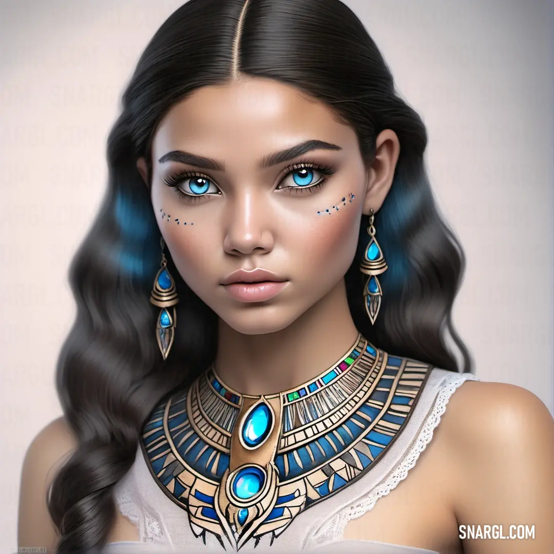 Digital painting of a woman with blue eyes and a necklace on her neck and a white top with a blue and gold design