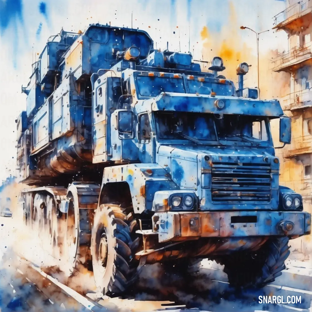 PANTONE 7696 color example: Painting of a large blue truck on a city street with buildings in the background
