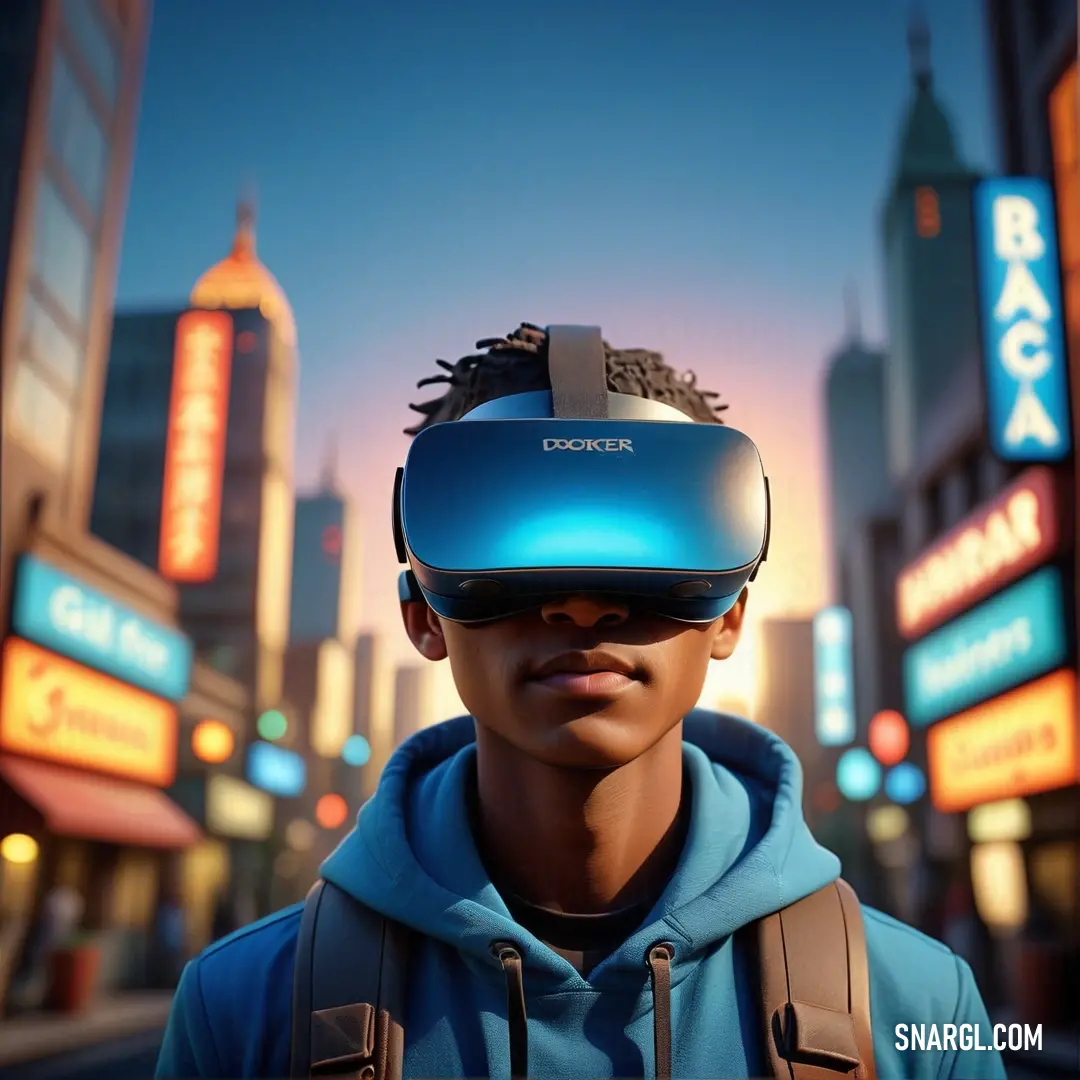 Man wearing a blue hoodie and a blue virtual headset in a city at night with neon signs. Color CMYK 56,9,9,21.