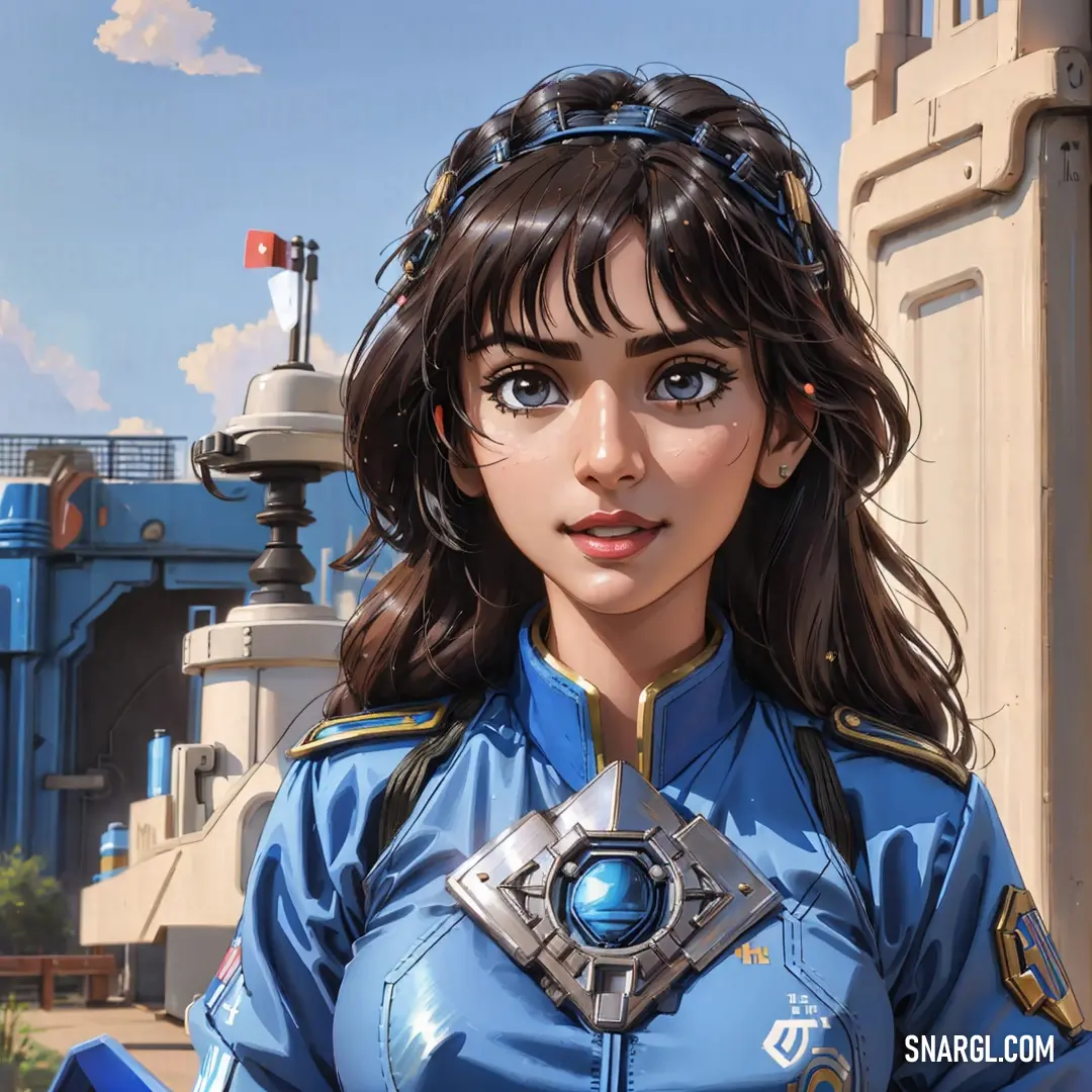 Woman in a blue uniform standing in front of a building with a giant clock on it's face. Example of RGB 110,158,176 color.