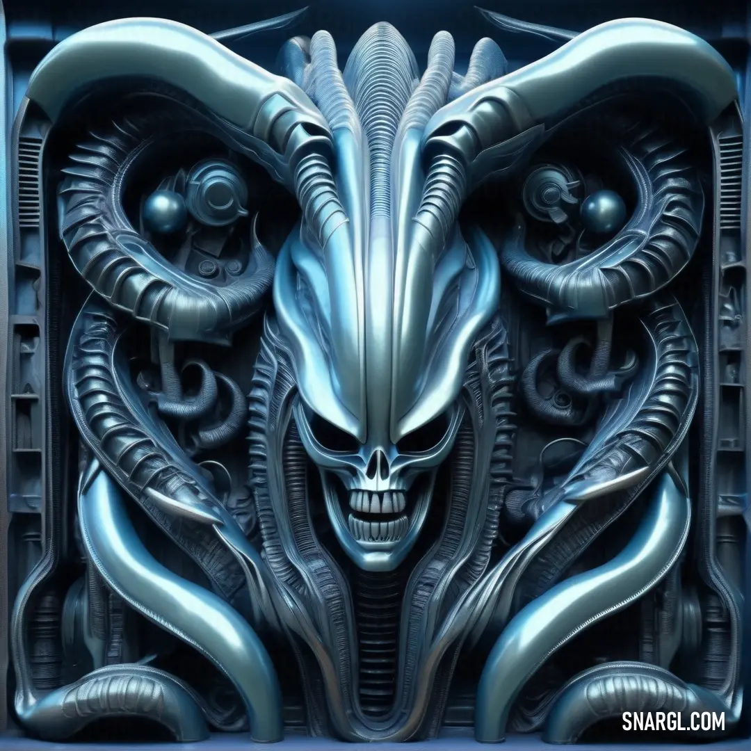 Blue and black artwork with a skull and horns on it's face and a large head. Color CMYK 76,34,21,0.