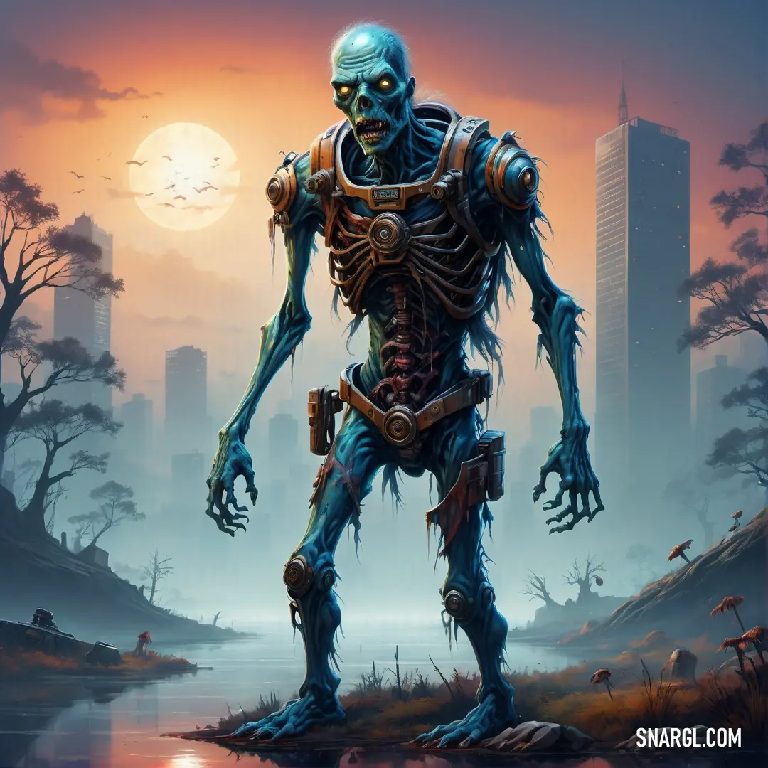 Painting of a skeleton standing in a swampy area with a city in the background. Color RGB 91,138,158.