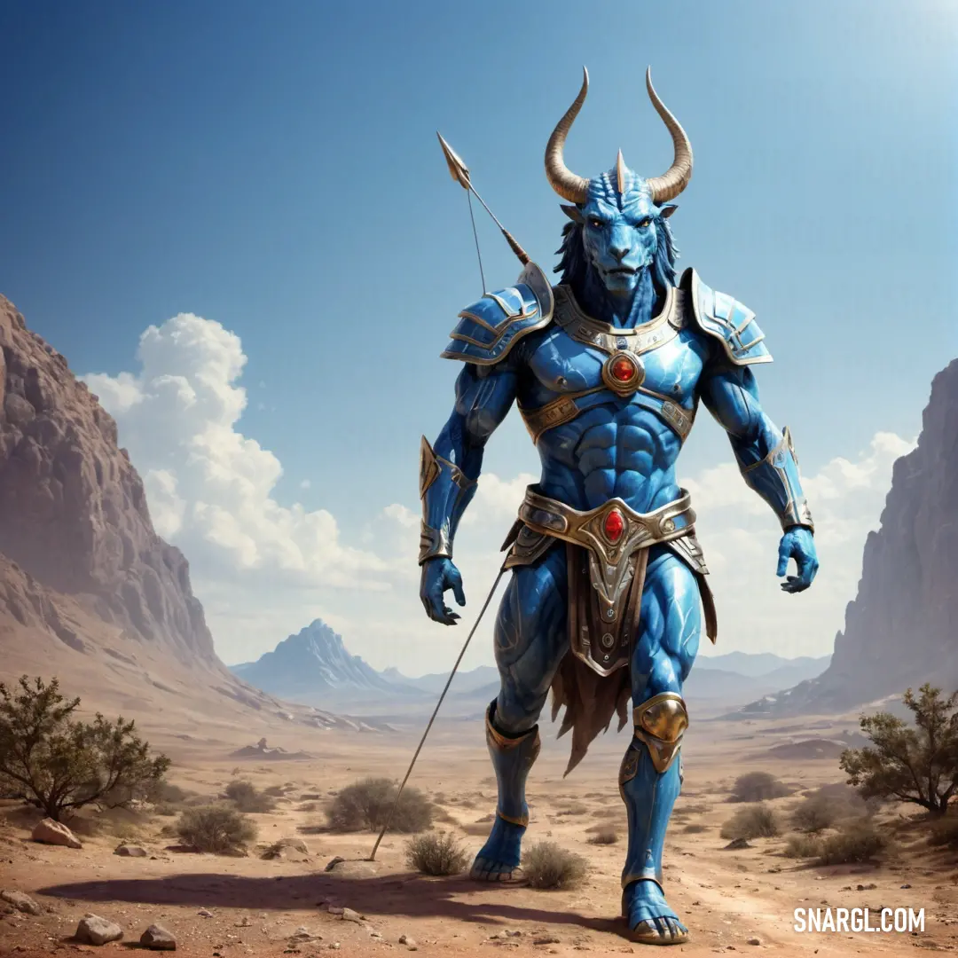 Blue man with horns and a sword in a desert landscape with mountains in the background. Example of #477691 color.