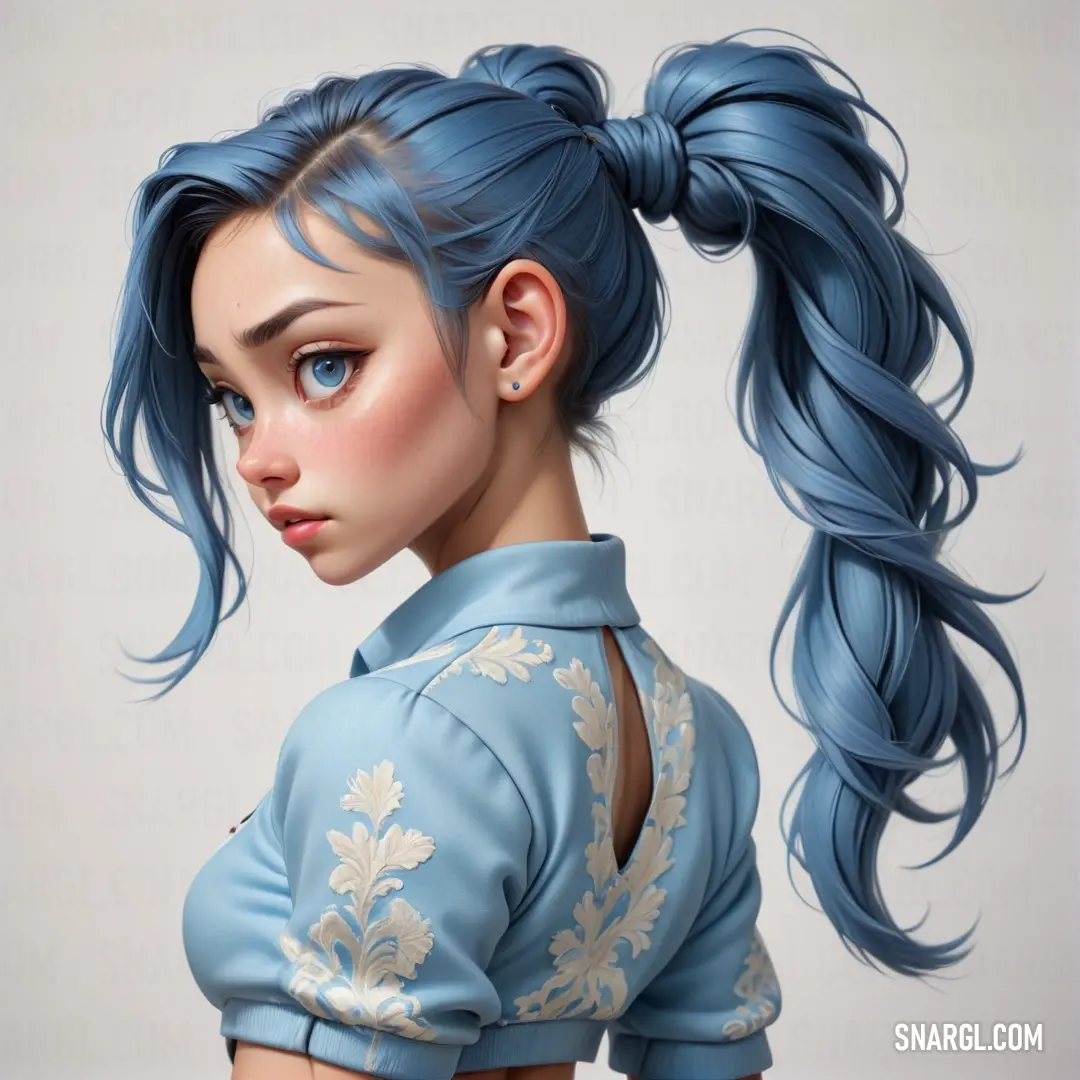 Woman with blue hair and a blue dress is shown in this digital painting style photo by artist mark. Color #477691.