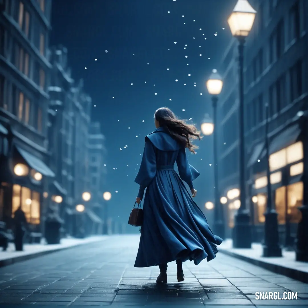 Woman in a blue dress walking down a street at night with a lantern in the sky above her. Example of PANTONE 7699 color.