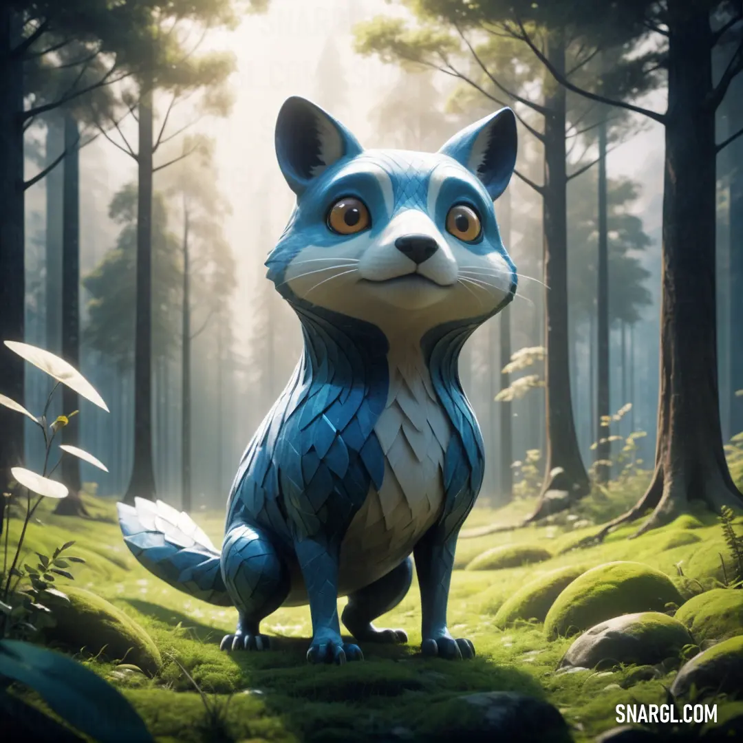 Blue and white fox standing in a forest with grass and rocks on the ground and trees in the background. Color RGB 26,96,128.
