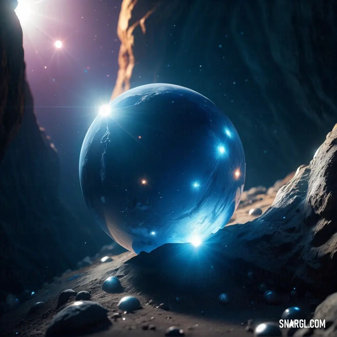Blue ball with glowing lights in a rocky area with rocks and a star in the background. Example of #1A6080 color.