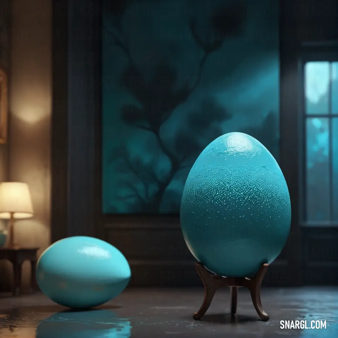 PANTONE 7700 color example: Blue egg on a stand next to a blue ball on a table in a room with a painting on the wall