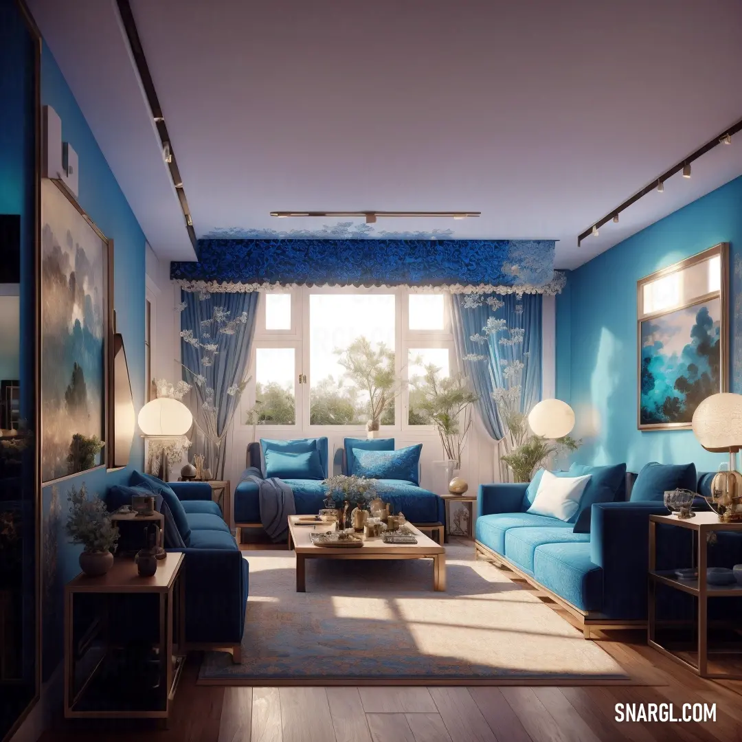 Living room with blue couches and a coffee table in it's center area with a painting on the wall. Example of PANTONE 7700 color.