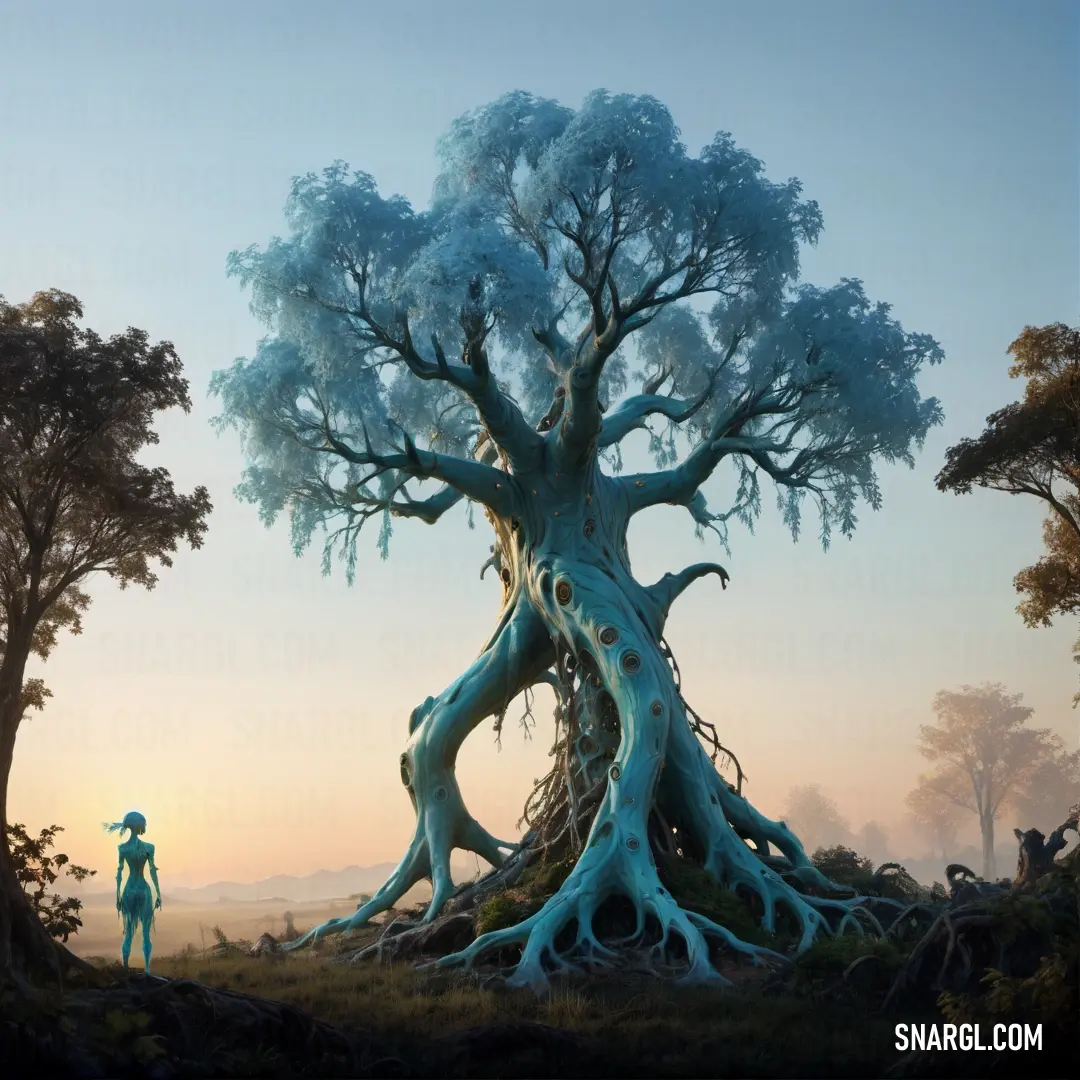 Man standing in front of a tree with a huge trunk and roots on it's face and a sky background. Color CMYK 84,17,0,57.