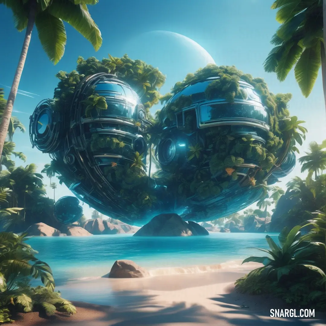 Futuristic landscape with two large balls in the middle of the image and a beach in the background. Example of #1A6080 color.