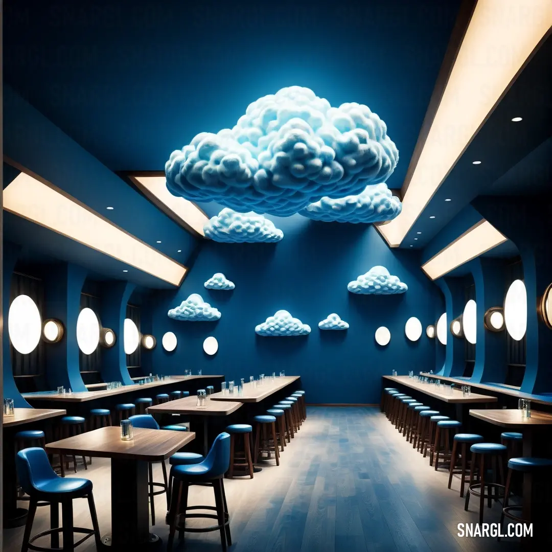 Restaurant with a blue sky and clouds painted on the ceiling and tables and chairs in the middle of the room. Color #1A6080.