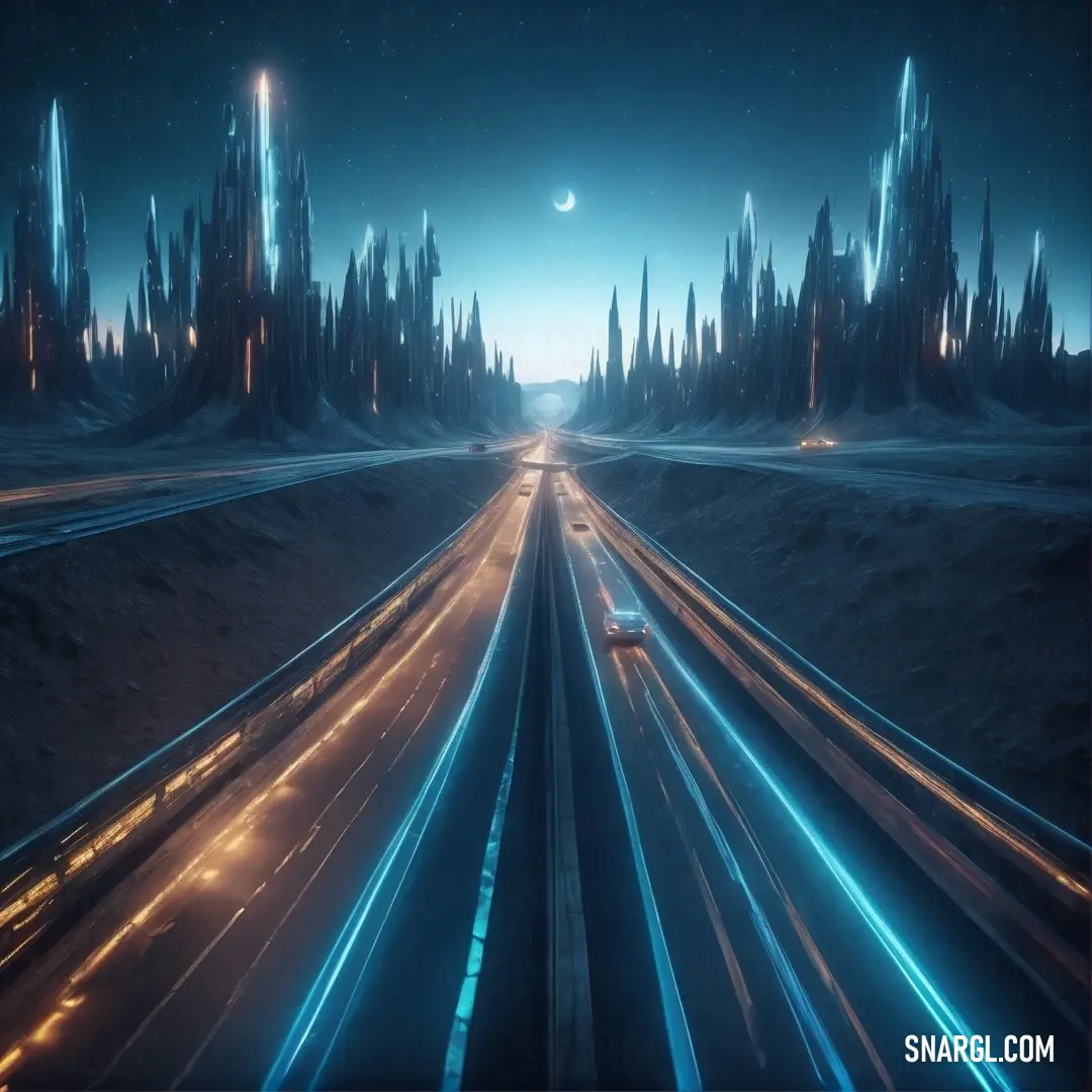 Futuristic city with a futuristic highway and a futuristic car on the road at night time with a moon in the sky
