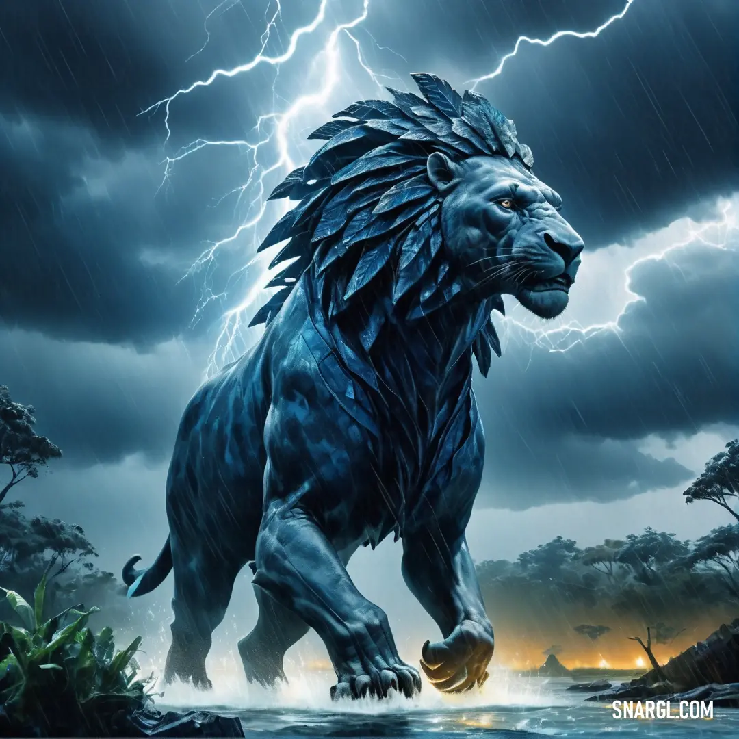 Lion with a crown on its head is walking in the rain with a lightning bolt in the background. Example of PANTONE 7701 color.