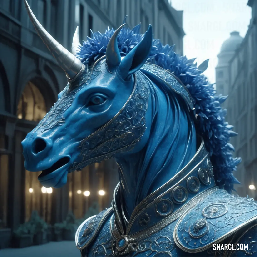 Blue horse statue with horns and a blue outfit on it's head in a city street at night. Example of PANTONE 7701 color.