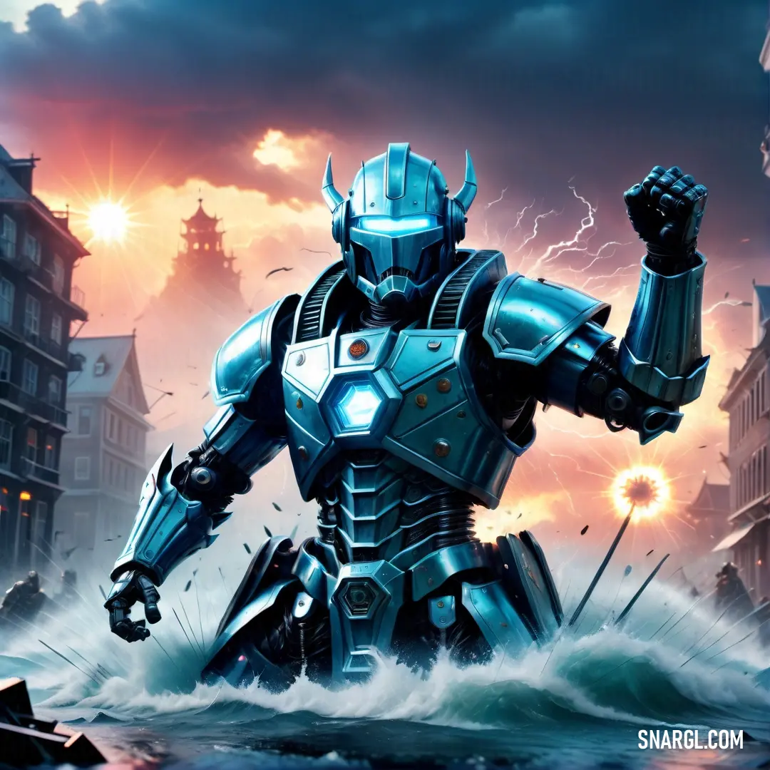 Robot in a storming city with a lightning bolt in his hand. Color PANTONE 7701.