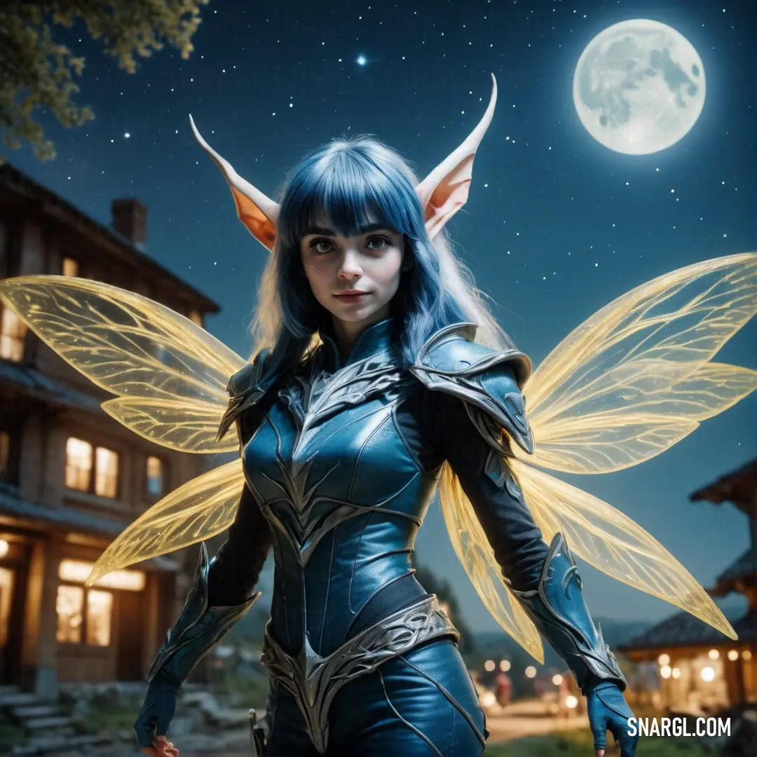 Woman dressed in a costume with wings and a moon in the background. Example of PANTONE 7701 color.
