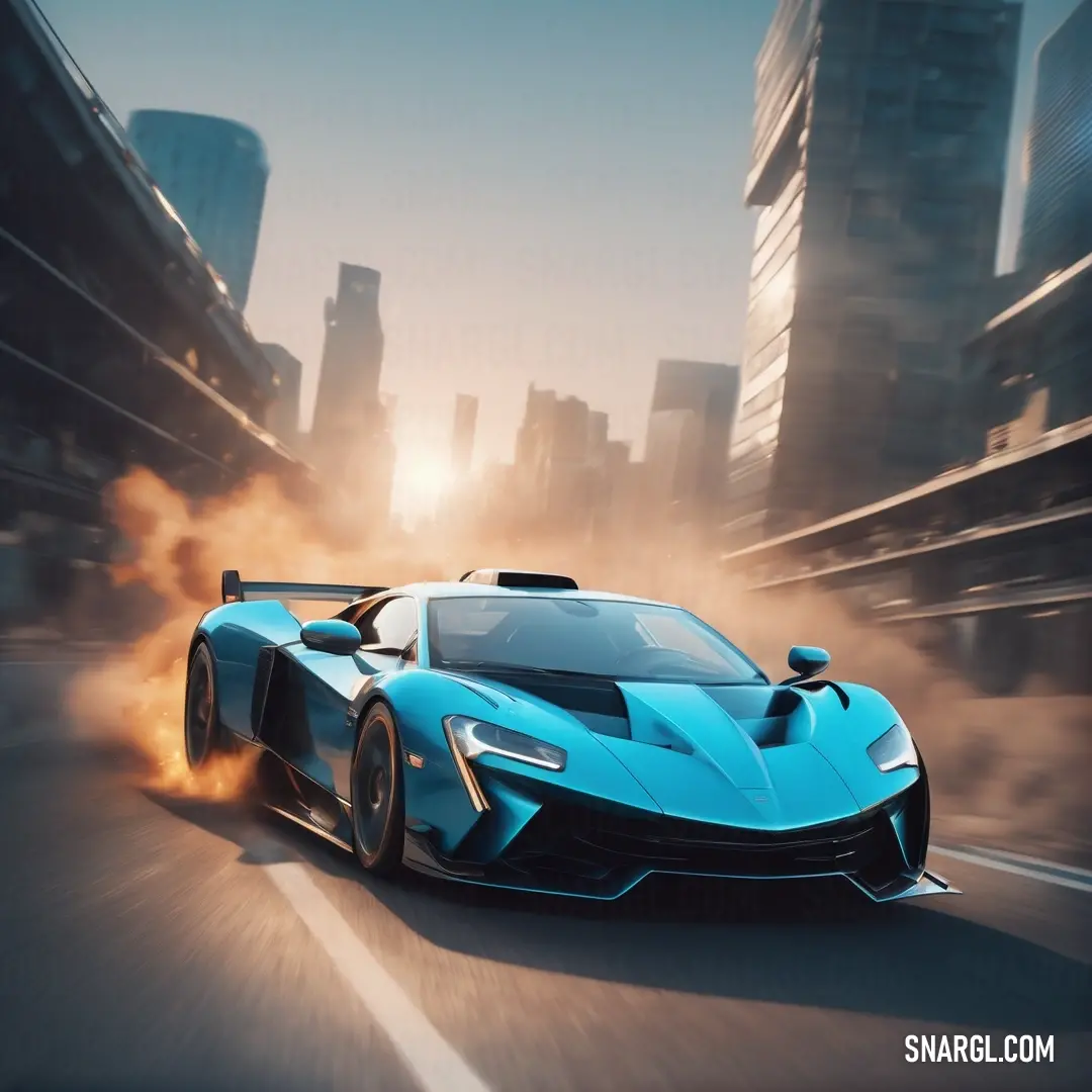 PANTONE 7703 color. Blue sports car driving down a city street with a lot of smoke coming out of it's hood