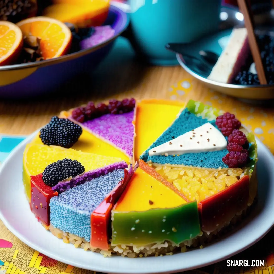 Cake with a variety of different colors on it on a plate with a bowl of fruit in the background. Color PANTONE 7703.