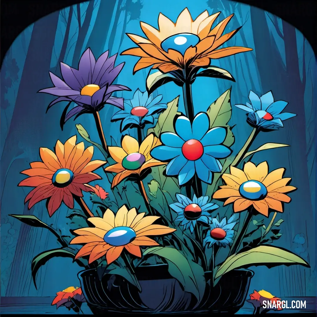 Painting of a bunch of flowers in a vase on a table with a blue background. Example of CMYK 79,2,10,11 color.