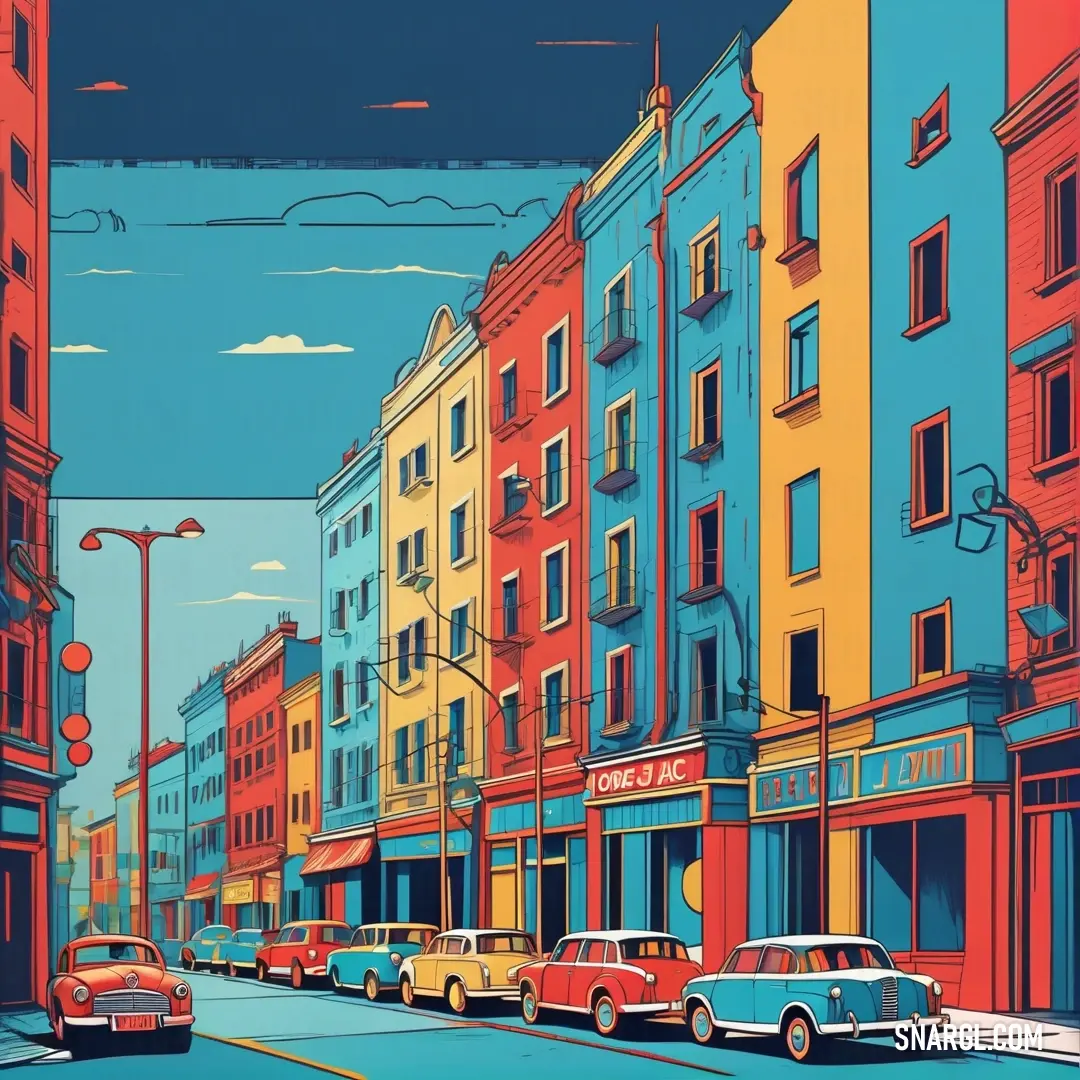 PANTONE 7703 color example: Painting of a city street with cars parked on the side of the street and buildings on the other side