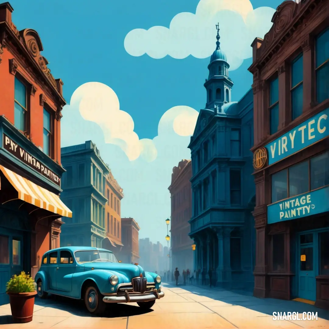 PANTONE 7703 color. Painting of a car parked on a city street in front of a building with a clock tower on top