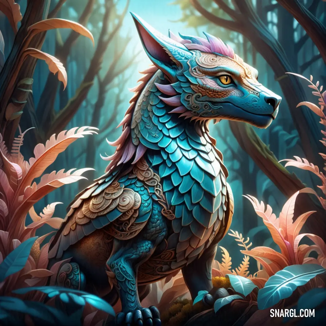 PANTONE 7704 color example: Blue dragon in a forest with lots of leaves and flowers on it's back legs and head