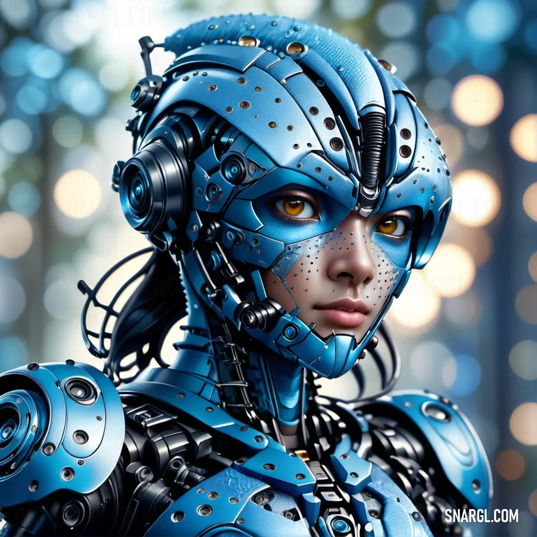 Woman in a blue robot suit. Example of CMYK 93,4,8,24 color.