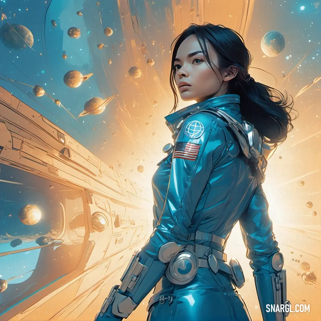 PANTONE 7706 color. Woman in a space suit standing in front of a space station with planets and stars in the background
