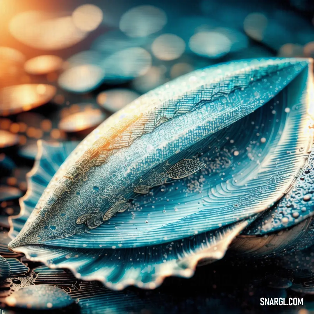 Close up of a blue shell with water droplets on it's surface and a blurry background. Example of PANTONE 7707 color.