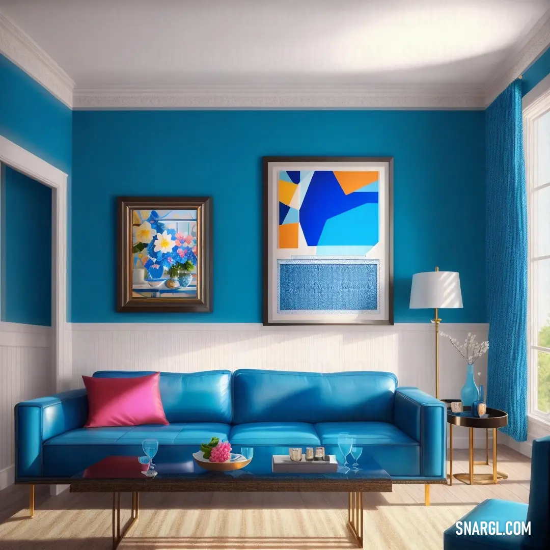 Living room with blue walls and a blue couch and coffee table with a colorful pillow on it. Color RGB 0,100,129.