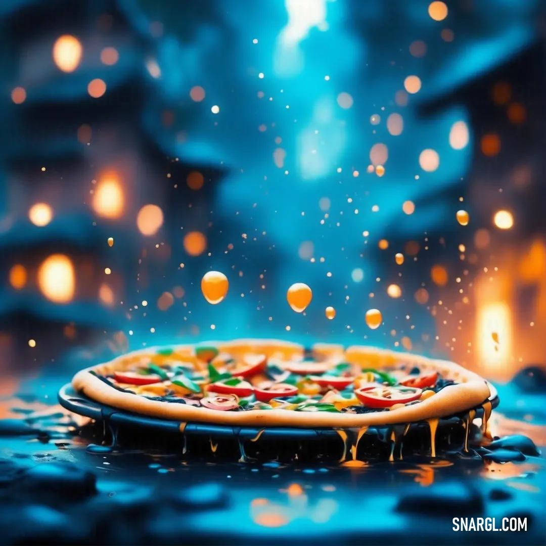 Pizza on top of a table covered in water and floating around it's surface with lights in the background. Example of PANTONE 7707 color.