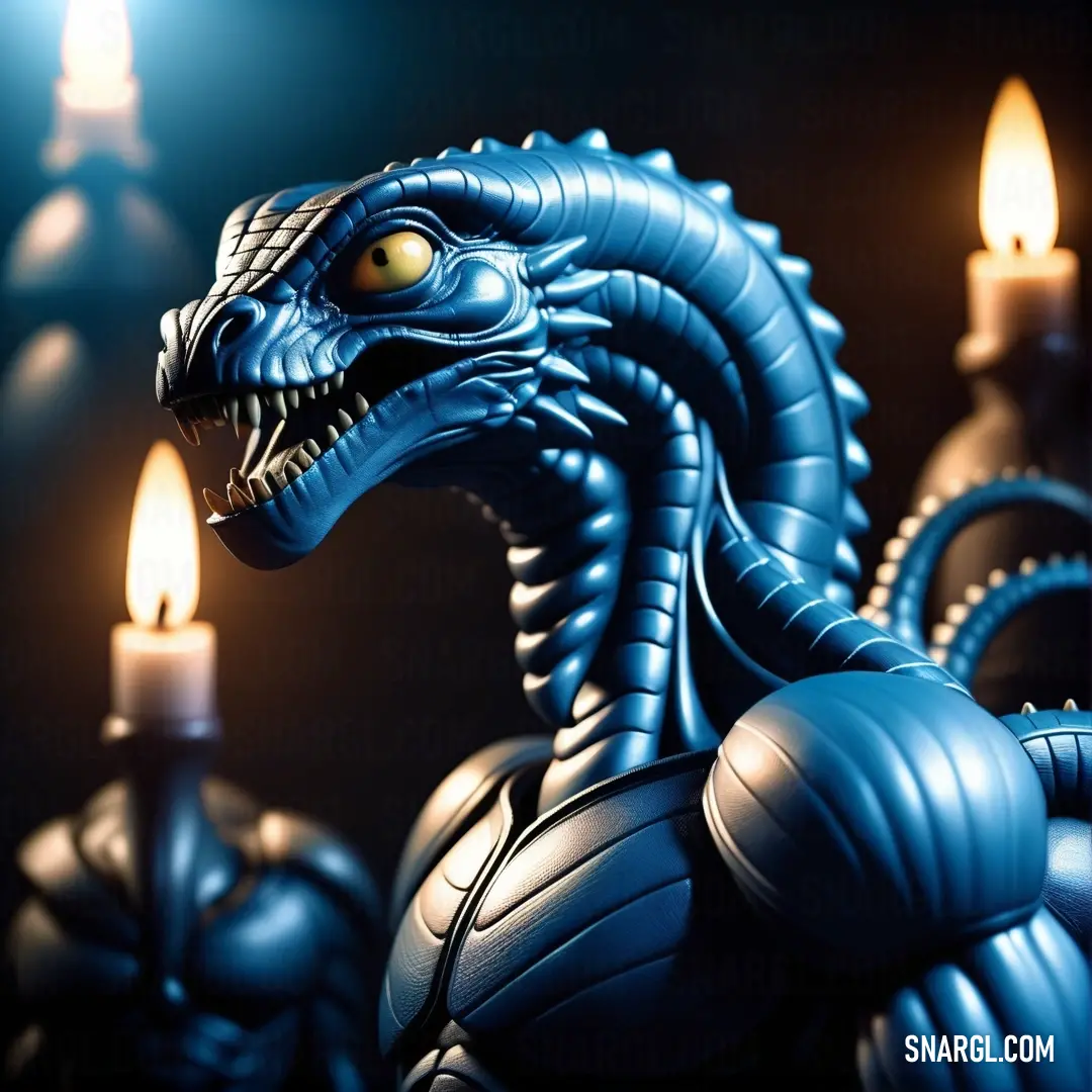 Blue dragon statue with a lit candle in its mouth and a black background. Example of #005A76 color.