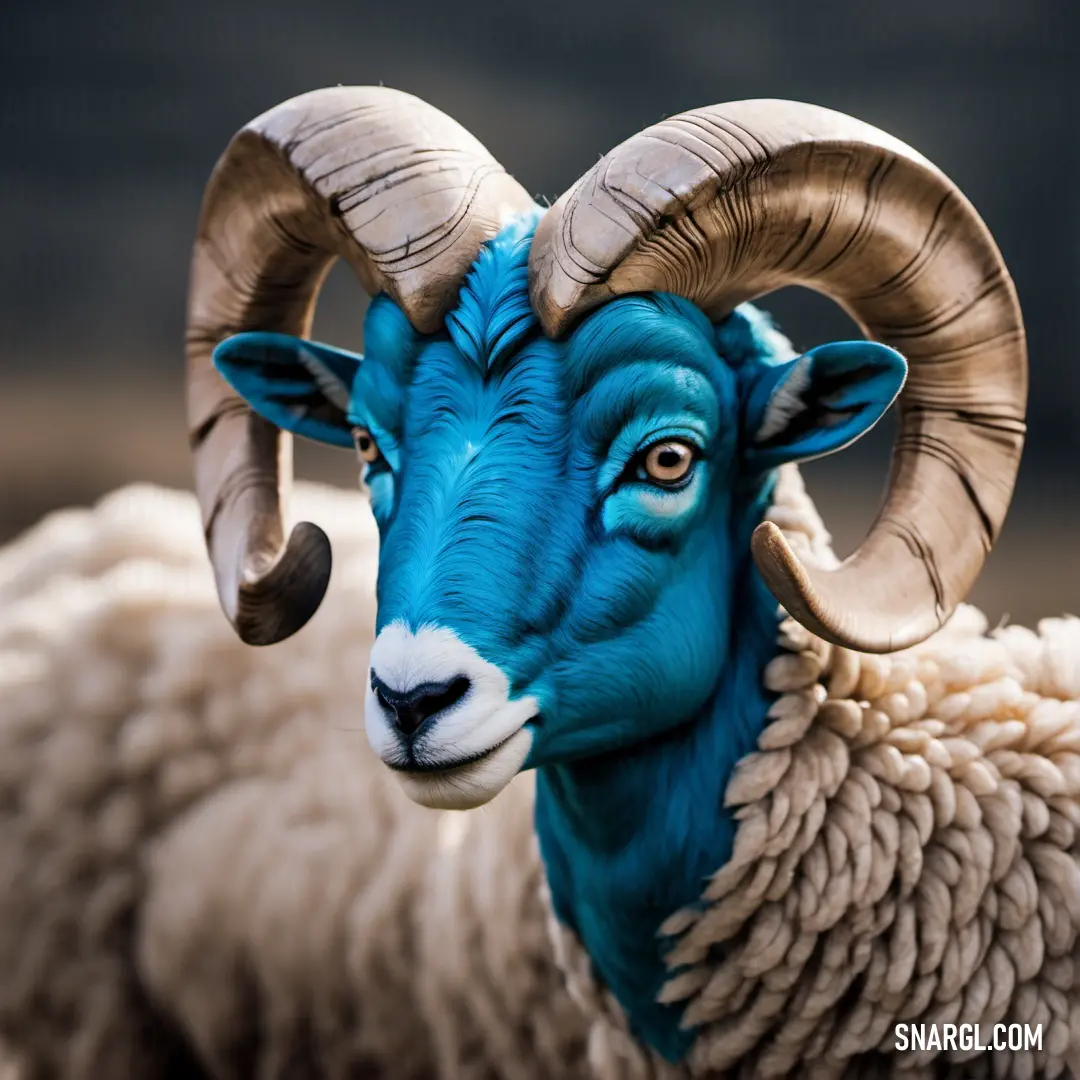 Ram with blue paint on its face and horns, standing in a field with dark clouds in the background. Example of #005A76 color.