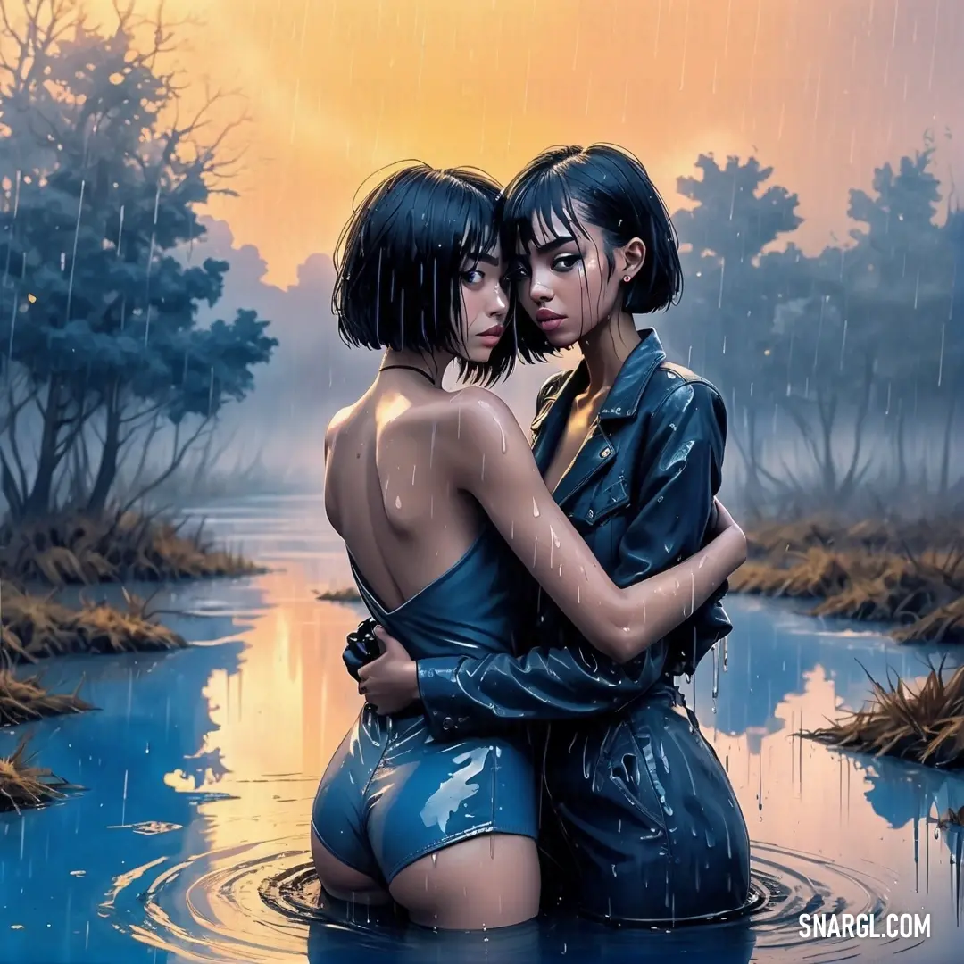 Two women in wetsuits hugging in a river under a yellow sky with trees in the background. Example of #005A76 color.