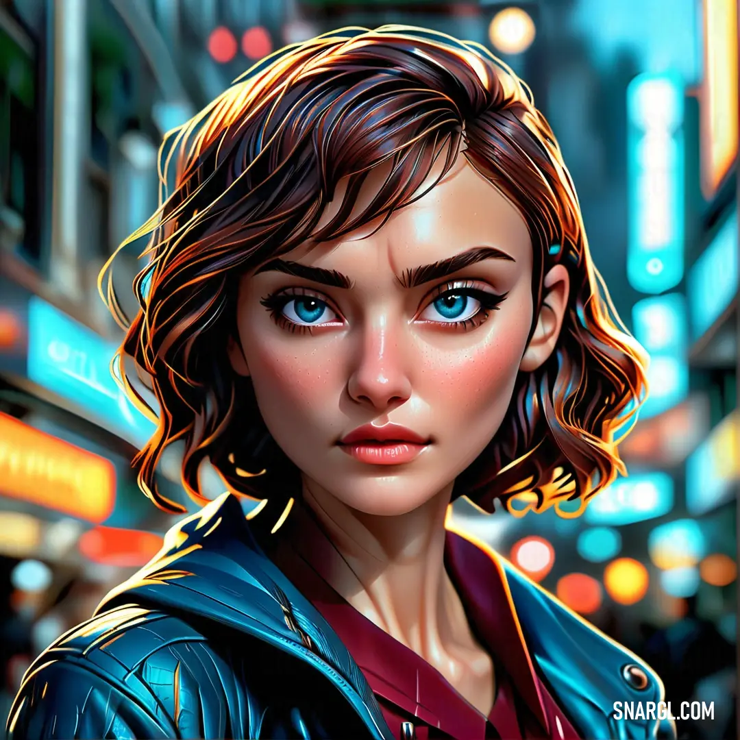 Woman with blue eyes and a leather jacket on a city street at night with neon lights in the background. Example of RGB 0,90,118 color.