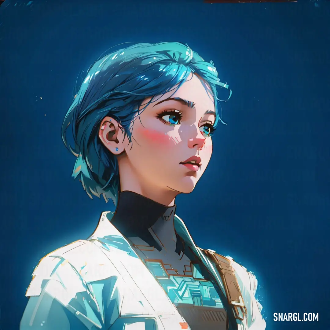 Woman with blue hair and a futuristic outfit is looking at something in the distance. Example of #005A76 color.