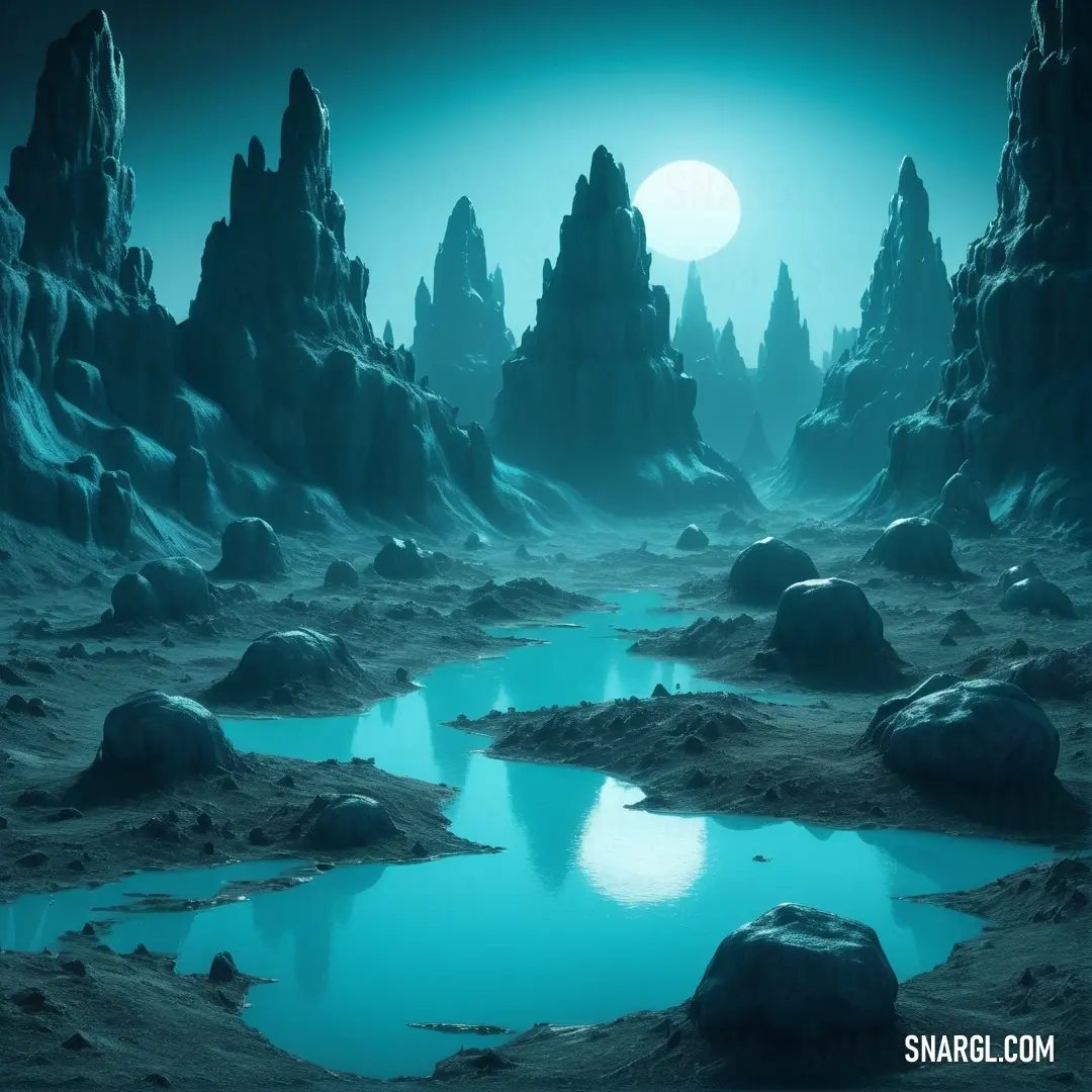 Blue alien landscape with a pool of water and rocks in the foreground and a full moon in the background. Example of CMYK 81,0,23,0 color.